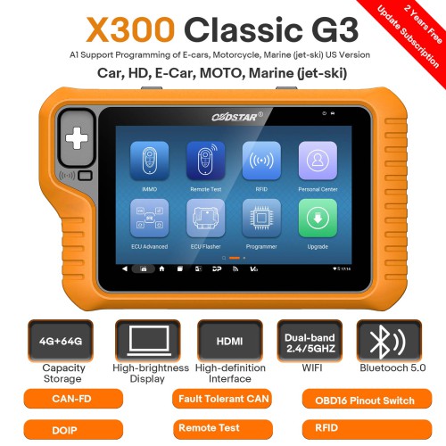 OBDSTAR X300 Classic G3 Key Master G3 Key Programmer IMMO ECU Cloning Mileage Airbag Reset for Car/ HD/ E-Car/ Motorcycle/ Jet Ski Free A1 A2